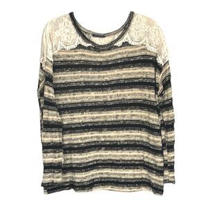 SWEET CLAIRE Boho Women’s Black Cream Long Sleeve Knit Sweater Lace Accents L